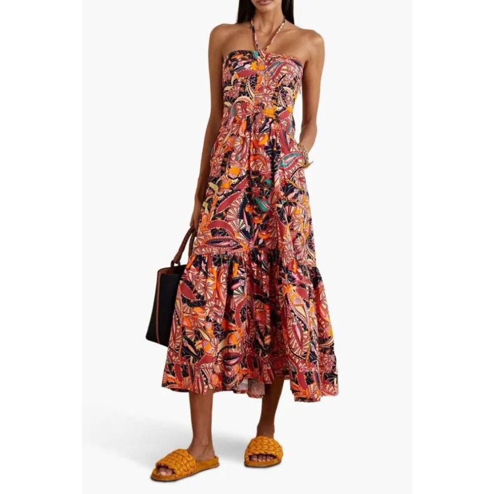 A.L.C. Adelle Tiered Printed Cotton Poplin Halterneck Maxi Dress Red Size 8